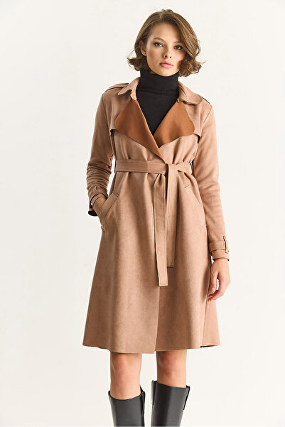 Bianco Lucci Kadın Kruvaze Yaka Dökümlü Kuşaklı Süet Trençkot 24-182 60283554