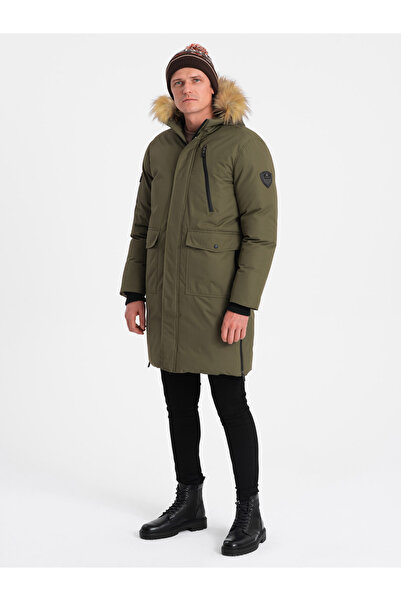 OMBRE Alaskan men's winter jacket with detachable fur from the hood - dark olive green V3 OM-JALJ-0148
