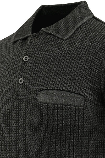 Çizgi Triko Men's Plus Size Polo Neck Sweater with Pockets Patterned Steel Knit Classic Fit - 5208Fb