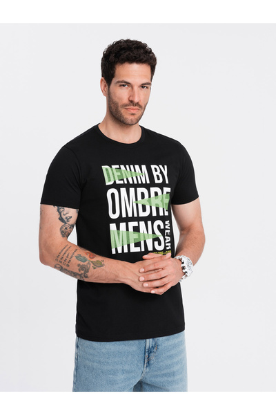 OMBRE Pánské bavlněné tričko s velkým nápisem - černé V2 OM-TSPT-0193 XXL