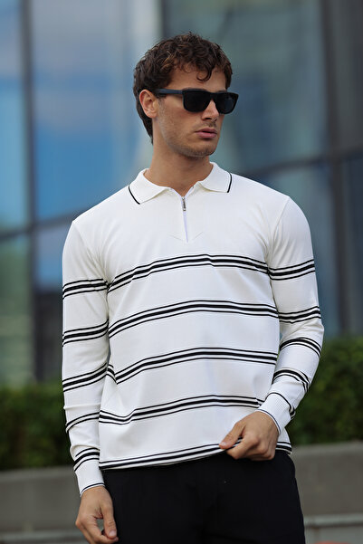 aziso Ανδρικό πλεκτό πουλόβερ με ριγέ μισό φερμουάρ με λαιμόκοψη πόλο