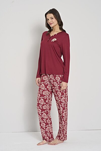 Pijadore Women's Plus Size Burgundy Button-Down Collar Floral Print Pajama Set C4T0N91