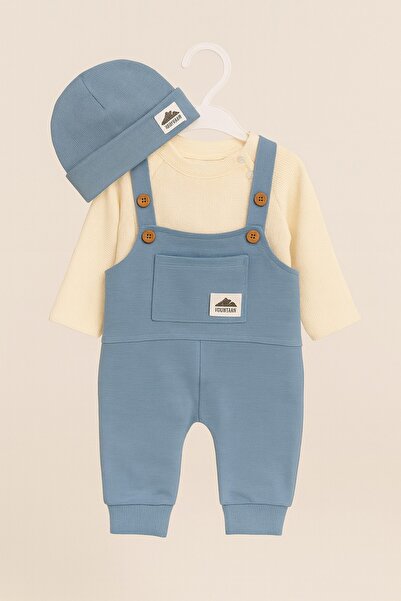 dinamik çocuk Baby Boy Mountain Themed Romper/3-Piece Set I Salopet+Beanie+Waffle Bodysuit 3-6-9-12 Months Old