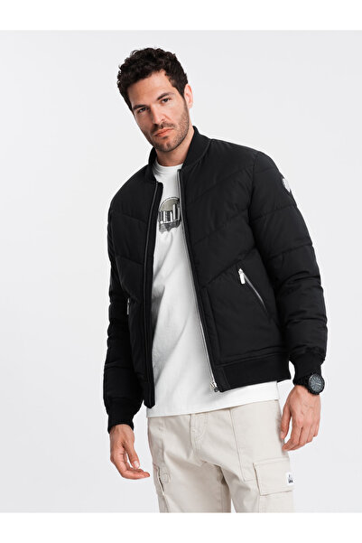 OMBRE Men's quilted bomber jacket with metal zippers - black V1 OM-JALP-0143