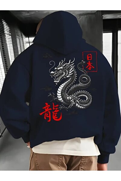 ORVIO Group Men's Oversize Japanese Dragon Printed Hoodie