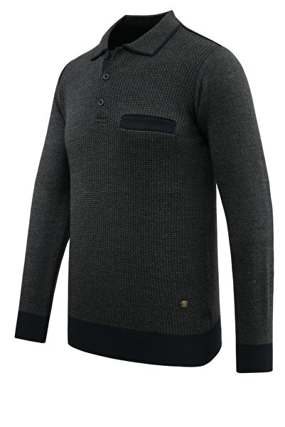 Çizgi Triko Men's Plus Size Polo Neck Sweater with Pockets Patterned Steel Knit Classic Fit - 5208Fb