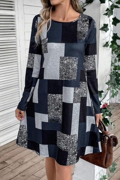 Mossta Round Neck Geometric Patterned Single Jersey Dress - Patterned