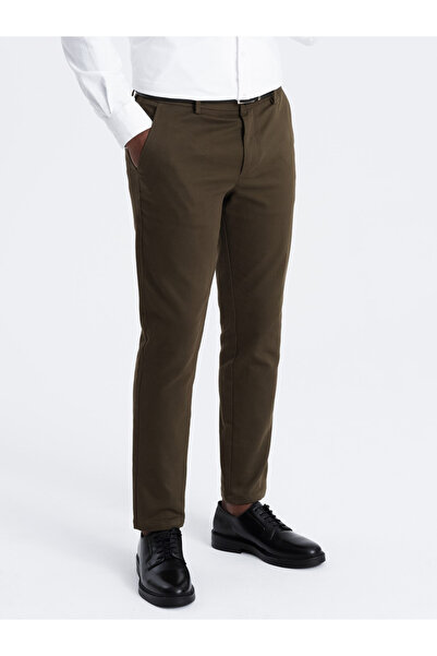 OMBRE Men's SLIM FIT chino pants with fine texture - dark olive green V4 OM-PACP-0190 M