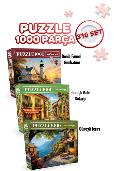 Neverland 3 ADET 1000 PARÇA PUZZLE - DENİZ FENERİ GÜNBATIMI VE GÜNEŞLİ KAFE S...