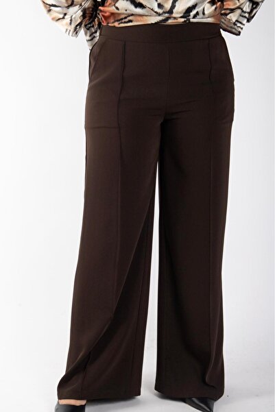 Bedrinxxl Kadın Büyük Beden Kahverengi Yüksek Bel Geniş Paça Krep Pantolon