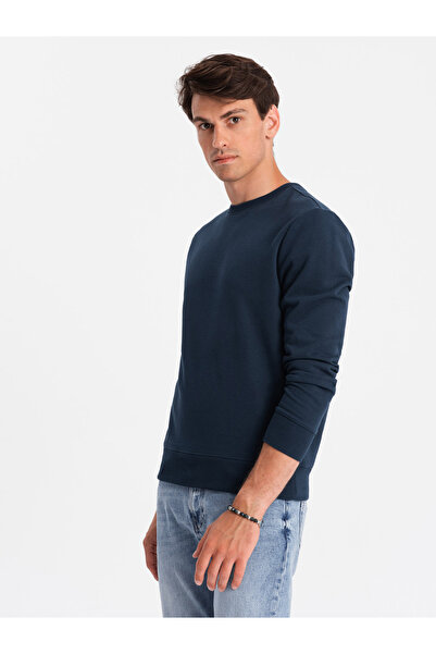 OMBRE Pánská bavlněná nepružná mikina BASIC - tmavě modrá V1 OM-SSBN-0159 XXL