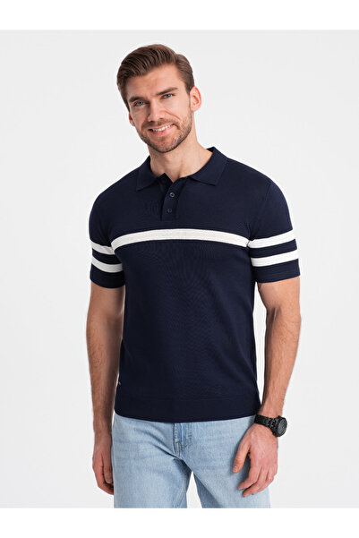 OMBRE Pánské polo tričko z měkkého úpletu s kontrastními pruhy - tmavě modré V2 OM-POSS-0118 XXL