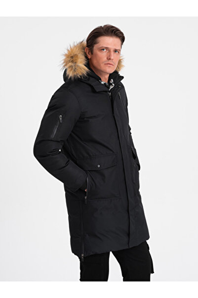 OMBRE Pánská zimní bunda Alaskan s odnímatelnou kožešinou z kapuce - černá V2 OM-JALJ-0148
