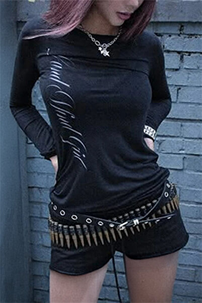 Karakedi Siyah Gotik Sırt Baskılı Wing Geniş Yaka Y2K Uzun Kollu Crop