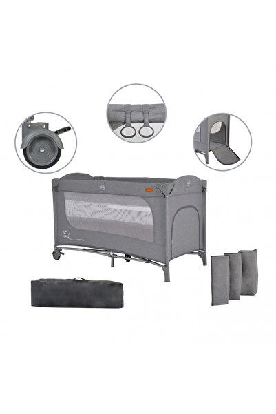 Cangaroo Multifunctional folding cot 2in1 SkyGlow Grey with 2 levels, locking wheels, access door with