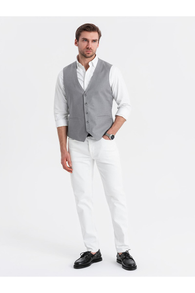 OMBRE Pánská vesta s přiléhavým střihem a mramorovanými knoflíky - šedá V3 OM-BLZV-0112 L