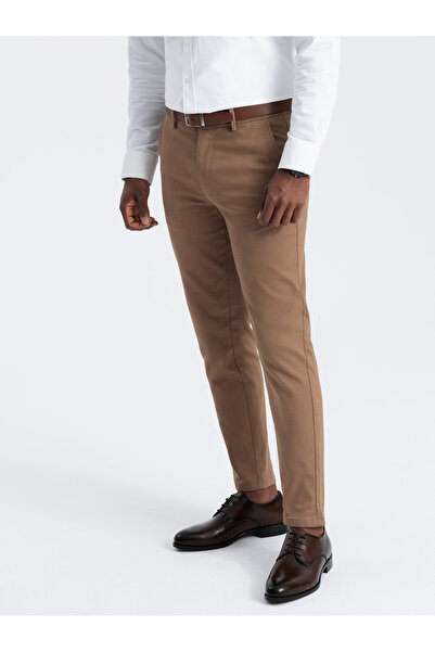 OMBRE Ανδρικό παντελόνι chino SLIM FIT με λεπτή υφή - καφέ V2 OM-PACP-0190 S