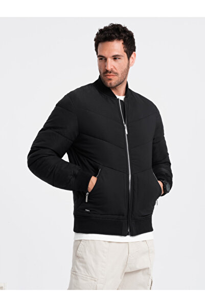 OMBRE Men's quilted bomber jacket with metal zippers - black V1 OM-JALP-0143