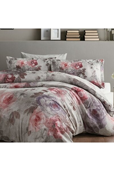 Taç Lenjerie pat dublu satin 6 piese gri cu flori mov si roz, Tac Delux Digital Elisha