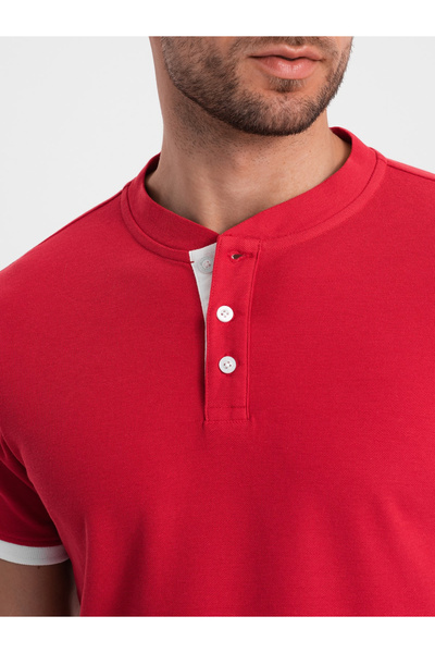 OMBRE Men's collarless polo shirt - red V2 OM-TSCT-0156 M
