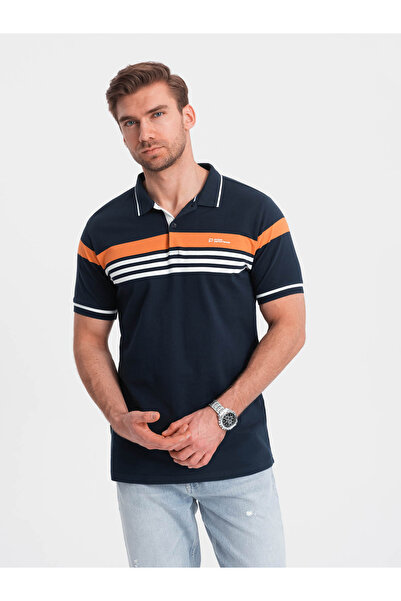OMBRE Pánské přiléhavé polo tričko s dvoubarevnými pruhy - tmavě modré V1 OM-POSS-0127 XXL