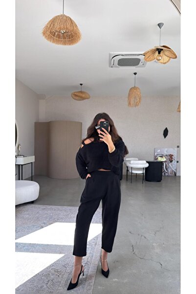 Buket Teke Siyah Bel Arka Lastik Krep Kumaş Pantolon