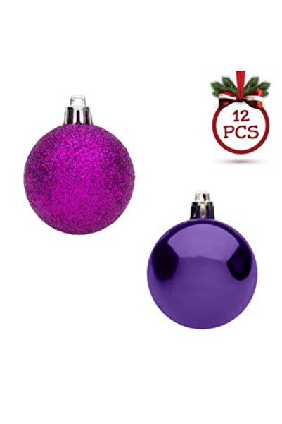 Silver Star Set of Purple Glitter Christmas Baubles Ø5cm - 12pcs