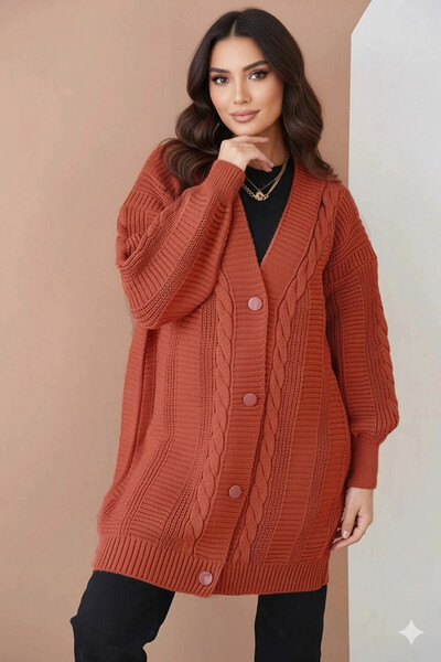 hazelin Kadın Kiremit Saç Örgü Desen Uzun Düğmeli Rahat Kesim Triko Hırka HZL...