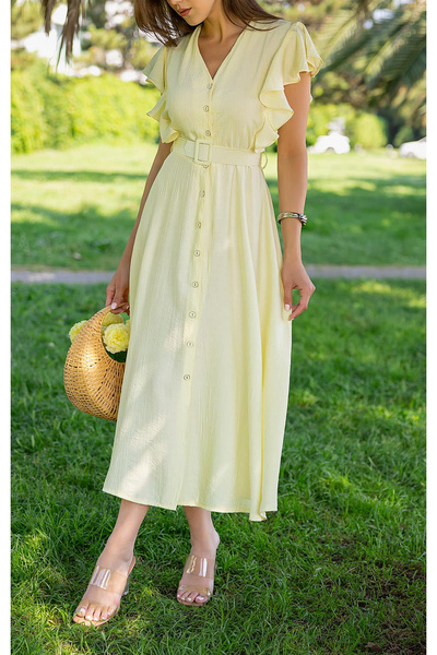 studio fashion 1988 Women's Yellow Flounce Belted V-Neck Midi Shirt Dress