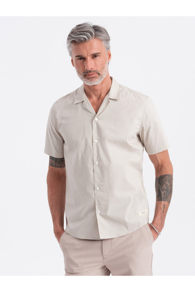 OMBRE Men's short sleeve shirt with Cuban collar - cream V7 OM-SHSS-0168 XL