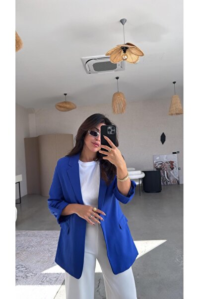 Buket Teke Saks Mavi Kolları Katlı Astarlı Ceket