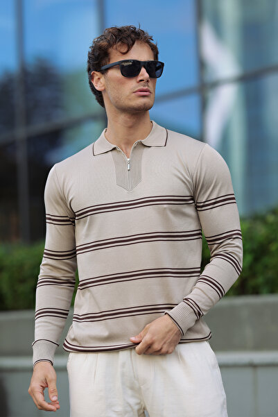aziso Men's Polo Neck Striped Half Zip Knit Sweater