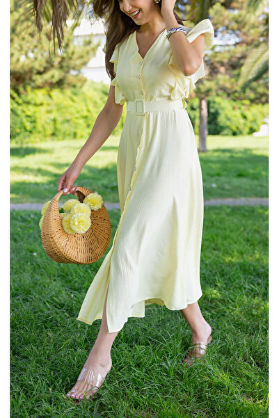 studio fashion 1988 Women's Yellow Flounce Belted V-Neck Midi Shirt Dress
