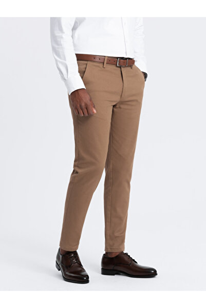 OMBRE Men's SLIM FIT chino pants with fine texture - brown V2 OM-PACP-0190 S