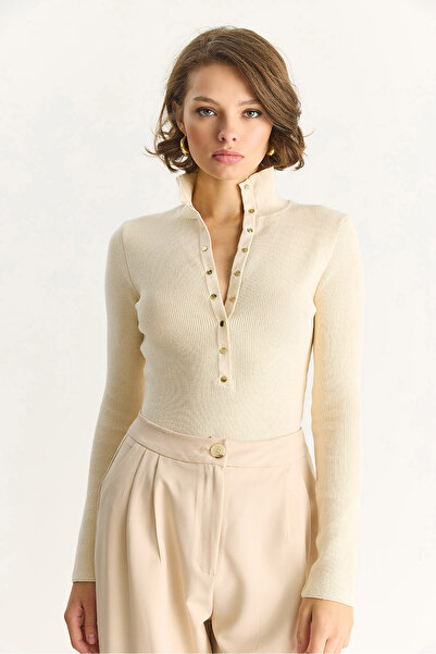 Bianco Lucci Жіноча блузка з ґудзиками, коміром-стійкою та довгими рукавами, базова трикотажна TK251037 60283548