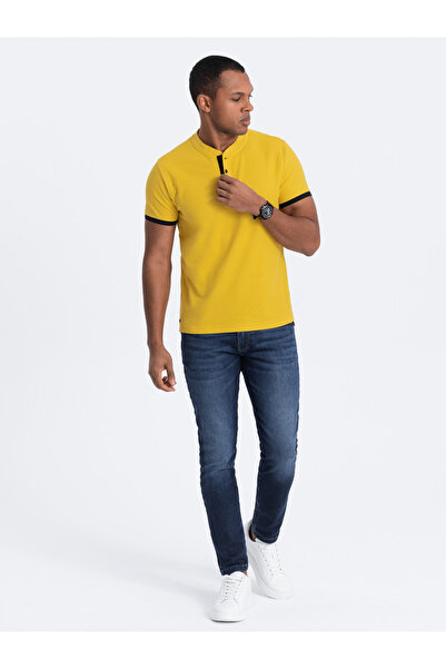 OMBRE Pánské polo tričko bez límečku - žluté V9 OM-TSCT-0156 XXL