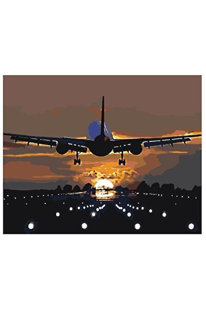 Painting by numbers Set pictura pe numere Avion care decoleaza, panza bumbac pe rama lemn, 40x50 cm, 3 pensule si vopsea