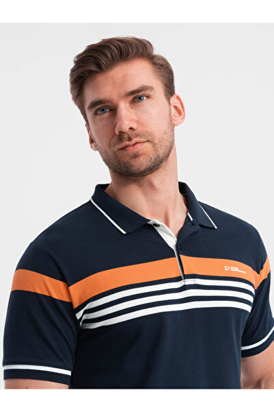 OMBRE Pánské přiléhavé polo tričko s dvoubarevnými pruhy - tmavě modré V1 OM-POSS-0127 XXL