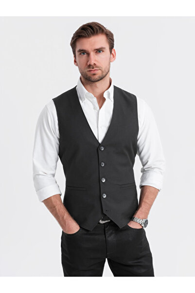 OMBRE Ανδρικό εφαρμοστό γιλέκο με ρεγιόν και μαρμάρινα κουμπιά - μαύρο V4 OM-BLZV-0112 M