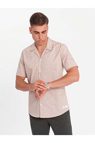 OMBRE Men's short sleeve shirt with Cuban collar - light brown V6 OM-SHSS-0168 S