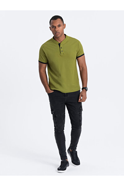 OMBRE Pánské polo tričko bez límečku - olivově zelené V6 OM-TSCT-0156 M