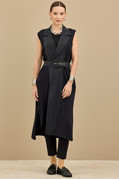 Tığ Triko Kumaş Garnili Kemerli Uzun Triko Yelek SİYAH