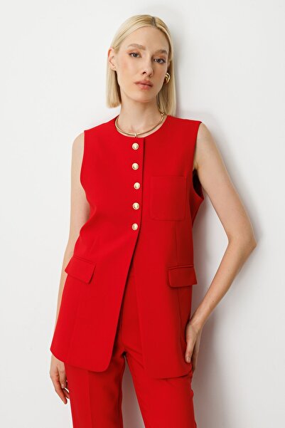 Ekol Önü Düğmeli Kapak Cepli Yelek 5007-25k Kırmızı