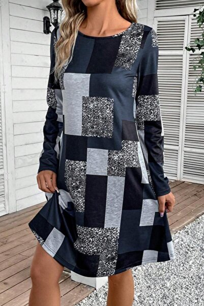 Mossta Round Neck Geometric Patterned Single Jersey Dress - Patterned