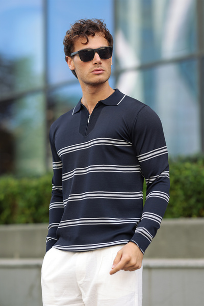 aziso Men's Polo Neck Striped Half Zip Knit Sweater