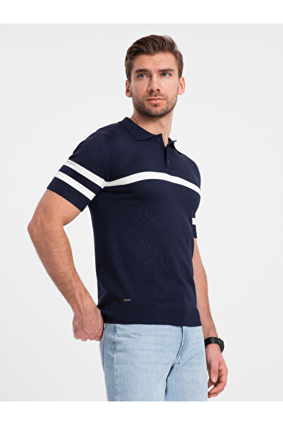 OMBRE Pánské polo tričko z měkkého úpletu s kontrastními pruhy - tmavě modré V2 OM-POSS-0118 XXL