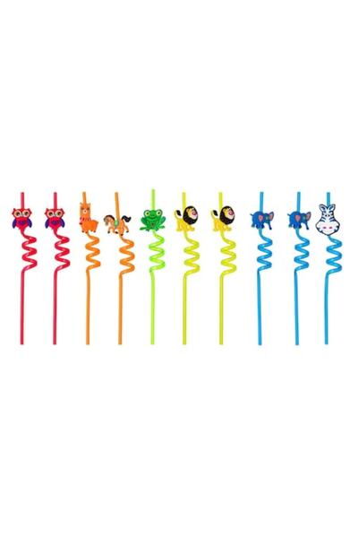 SHOPIENS Set 10 reusable plastic straws Shopiens®, spiral-shaped, colorful with animal figures, 6 x 270 mm