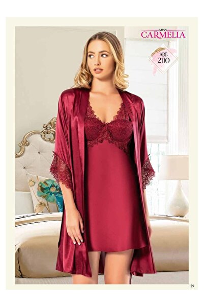 miss carmelia طقم ثوب نوم من الساتان مع روب - 2110 أحمر داكن