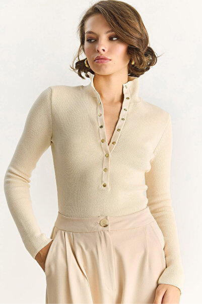 Bianco Lucci Жіноча блузка з ґудзиками, коміром-стійкою та довгими рукавами, базова трикотажна TK251037 60283548