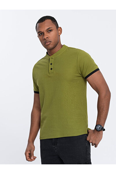 OMBRE Pánské polo tričko bez límečku - olivově zelené V6 OM-TSCT-0156 M